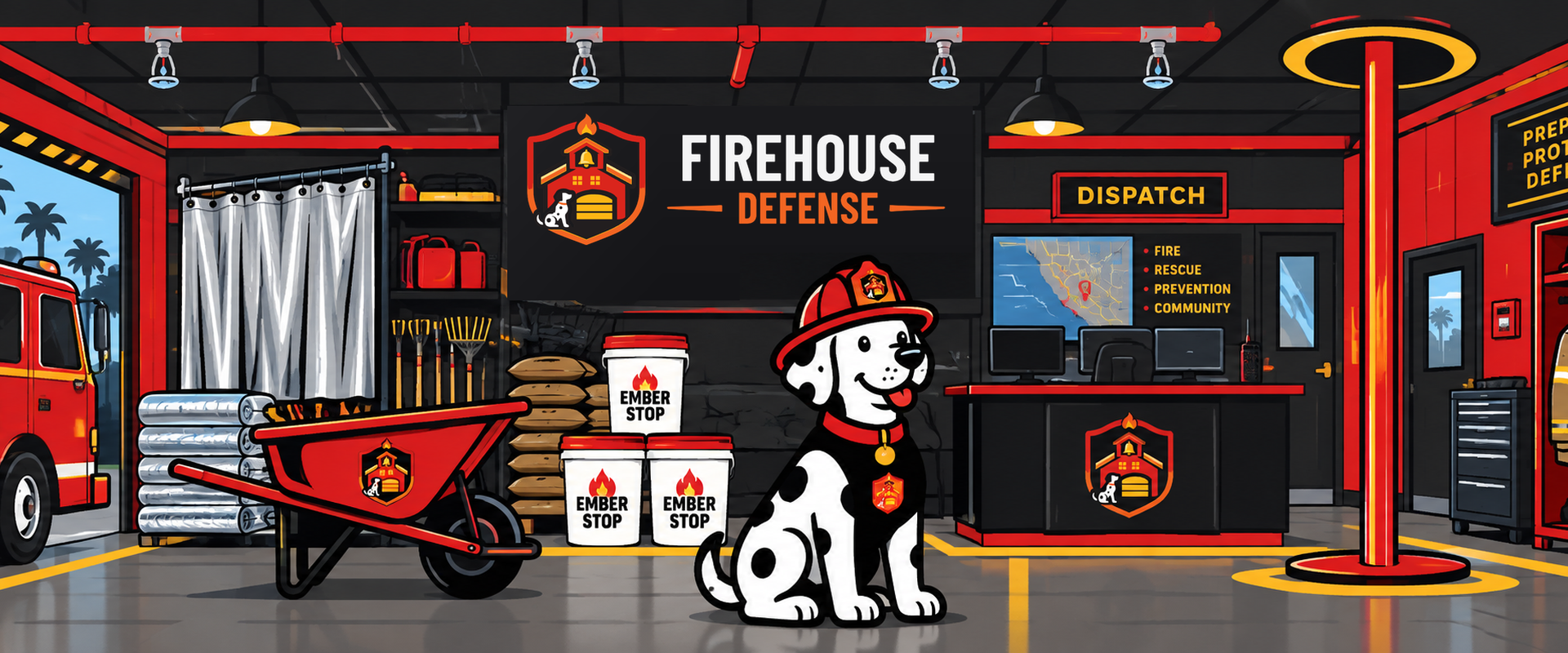 Firehouse Defense station interior with dalmatian mascot, dispatch desk, and Ember Stop gear